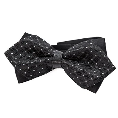 Immagine di DonDon Papillon da uomo pizzo vintage con cinturino già collegato e regolabile nero lucido pois argento