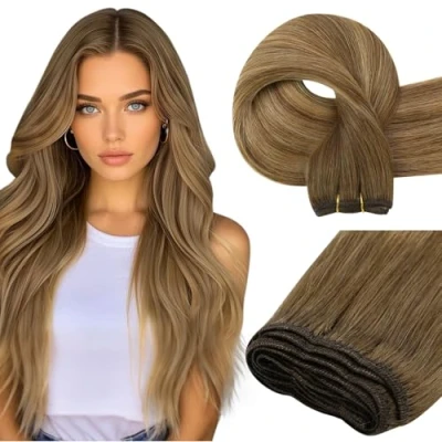 Immagine di Easyouth Tessitura Matassa Capelli Veri Umani Colore Castano Medio Mix Biondo e 35 cm 70g Extension