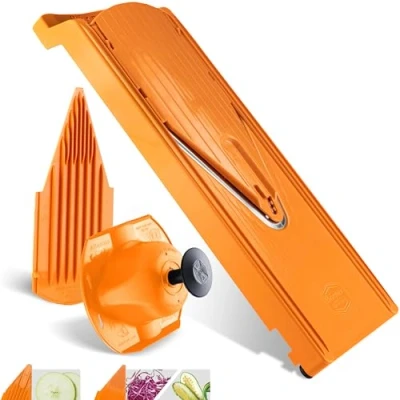 Immagine di Börner Affettaverdure V3 (Set Base) Mandolina a V per Fette in 3 Spessori Tagliaverdure Regolabile Verdure &amp; Frutta Con Piedini Gomma Lama Acciaio Inox Arancione
