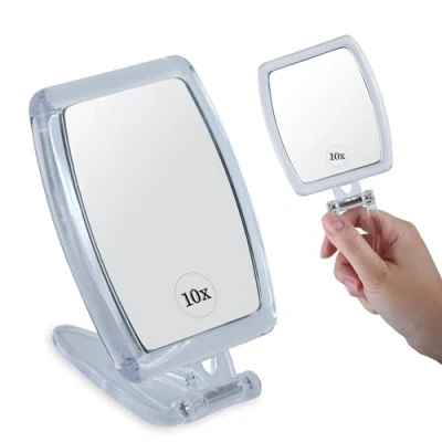 Immagine di Specchio a Mano con Ingrandimento 10X e 1X Specchietto Portatile Manico Pieghevole per Trucco, Cura del Viso, Casa Viaggi 8,4cm x 18,6cm (Quadrato)