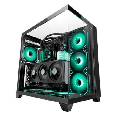 Immagine di MARSGAMING MC 3C, Case Gaming ATX, Vista Panoramica 3D Triplo Vetro Temperato, Design a Doppia Camera Laterale, Supporto Completo per Raffreddamento Liquido, Semitorre PC Gestione dei Cavi, Nero