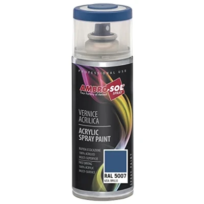 Immagine di Ambro Sol V4005007 Smalto Acrilico Multiuso, Vernice Brillante per Interni ed Esterni, Adatto Qualsiasi Tipo di Materiale, Bomboletta Spray in Banda Stagnata Riciclabile 400 ml, Blu