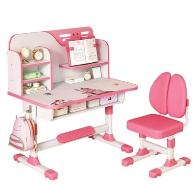 Immagine di Calager Set da scrivania e sedia per bambini, regolabile in altezza, studenti scolastici, tavolo scrittura con cassetto libreria, ergonomica ragazze,