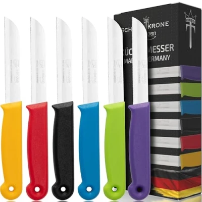 Immagine di Schwertkrone Coltelli da Frutta e Spelucchino Set (6 pezzi) Prodotto in Solingen, Germania Acciaio Inox Professionale Affilato colorati