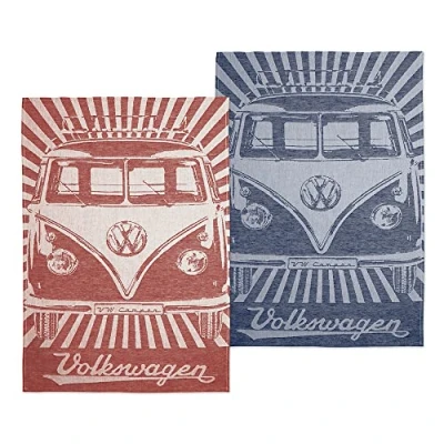 Immagine di Brisa VW Collection Volkswagen set di due strofinacci da cucina, senza pelucchi, 60% lino e 40% cotone, Camper T1 Bus design (Rosso &amp; Blu/70 x 50cm)