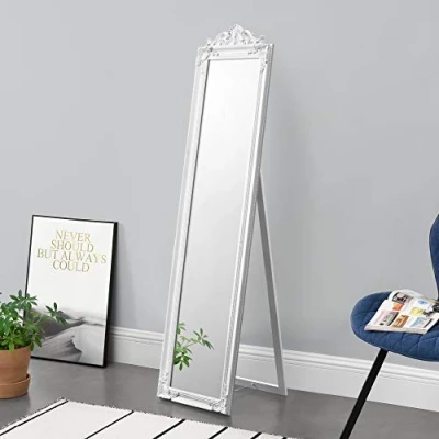 Immagine di [en.casa] Specchio da Appoggio/Terra/Pavimento a Figura Intera Forma Rettangolare con Inclinazione Regolabile 160 x 40 cm Cornice in Eucalipto Stile Barocco Bianco