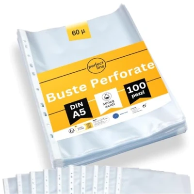 Immagine di perfect line 100 Buste trasparenti anelli a5 perforate DIN A5, bustine trasparenti, zigrinata, prive di acidi e valide per documenti ufficiali, Made in EU