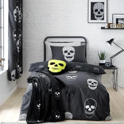 Immagine di Catherine Lansfield Set copripiumino singolo reversibile con federa, motivo: teschi, colore: grigio