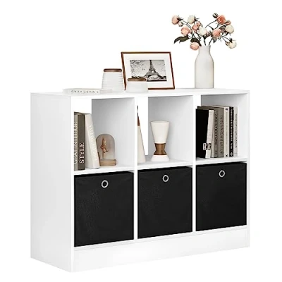 Immagine di WOLTU Libreria Scaffale con 6 Cubi, Mobile Salvaspazio 3 Ceste in TNT, Porta Libri da Terra per Cameretta, Soggiorno, Studio, Ufficio, Legno, Bianco, 80x30x60cm, SK033ws