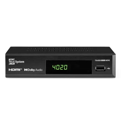 Immagine di Tele System Decoder TS4020 con doppio tuner DVB T/T2 e S/S2 HEVC HD HDR10 HLG. Accedi a TV radio free to air, terrestri satellitari. Lettore multimediale USB per musica, foto video su TV.