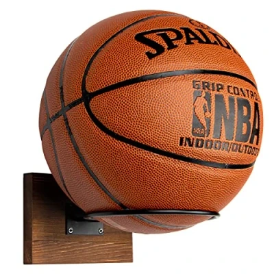Immagine di PUERSI Supporto da Parete per Palline, in Legno e Metallo, Pallacanestro, Calcio, pallavolo, Marrone Rustico