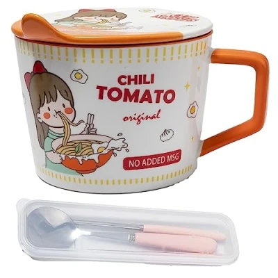 Immagine di lachineuse Ciotola per tagliatelle istantanee Ramen giapponese &amp; cinesi con posate e coperchio colazione, zuppa, riso Idea regalo asiatica Giappone Cina, Cup