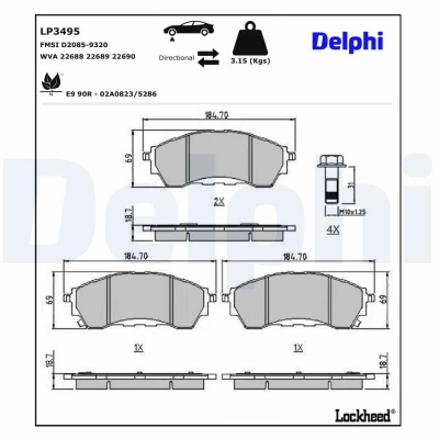 Immagine di DELPHI LP3495 Kit pastiglie freno con segnalatore acustico usura lamierino anticigolío senza accessori FORD: Ranger Mk3