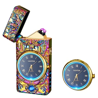 Immagine di RSBYE Accendino Elettrico Dragon con Funzione di Orologio, Ricaricabile USB, USB Indicatore Batteria, al Plasma a Doppio Arco (Multi)