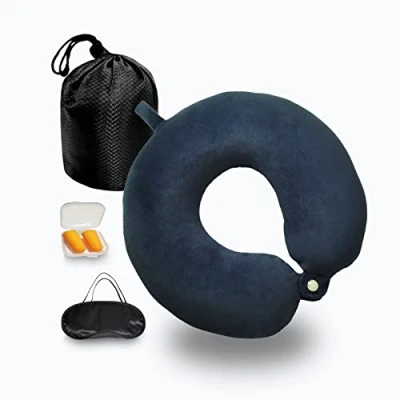 Immagine di NavoX Cuscino da viaggio collo in memory foam di supporto, Maschera per dormire/tappo le orecchie/sacchetto, confezione rapida compatta e leggera campeggio,voli (blu)