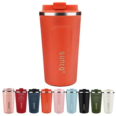 Immagine di SUNTQ tazza per caffè da asporto, in acciaio inox, a prova di perdite, con coperchio, riutilizzabile, termica usare viaggio, colore: arancione, 510 ml