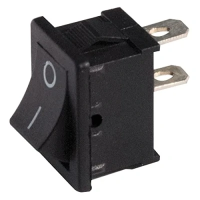 Immagine di Interruttore unipolare a bilanciere SPST ON OFF con tasto nero e terminali faston 4,8mm, foro di montaggio 19x13mm, 250V 6A