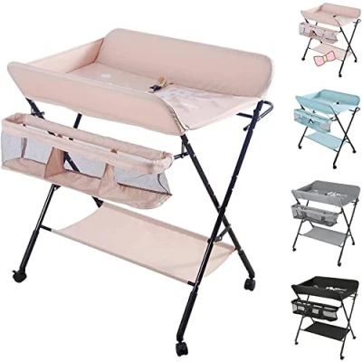 Immagine di Mobile fasciatoio pieghevole e portatile, con 4 ruote, 3 posizioni di regolazione dell&#039;altezza, vasca da bagno motivo giraffa (80 x 66 98 cm (rosa))