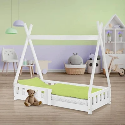 Immagine di ML Design Lettino per Bambini Teepee con Sponde Protezione Anticaduta Recinzione Rete a Doghe 70 x 140 cm Letto Tenda Indiana da Gioco in Legno di Pino Massiccio Bianco Cameretta Casa