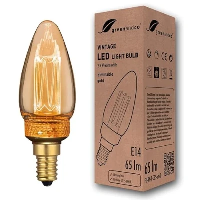 Immagine di greenandco® lampadina a LED dimmerabile di design vintage in stile retrò E14 C35 2,3W 65lm 1800K 320 230V, ambra, nessun sfarfallio