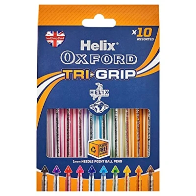 Immagine di Helix Oxford Tri Grip Penne a sfera (confezione da 10 colori assortiti) con confezione in plastica