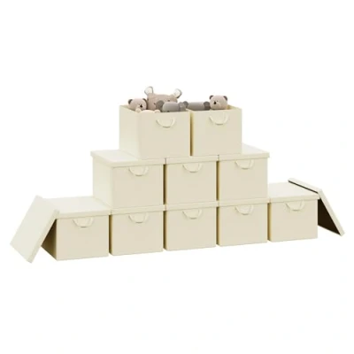 Immagine di WOLTU Scatola Portaoggetti Pieghevole, Set di 10 Ceste in Tessuto, Cubo con Coperchio e Maniglie, per Vestiti, Libri Giocattoli, Crema, 48x30x36 cm, ABB04cm
