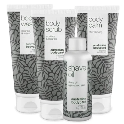 Immagine di Kit di Rasatura per tutto il corpo Set con Doccia Corpo, Scrub, Balsamo e Olio da Barba Soluzione Ultima una Confortevole Infuso Tea Tree