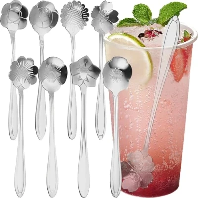 Immagine di MINGZE 9pcs in Acciaio Inox Fiore Cucchiaio Set, Cucchiaini da caffè Creativo Tavola Cucina Zucchero Bar tè Freddo Cucchiai Gelato, Idea Regalo (Oro Rosa)1