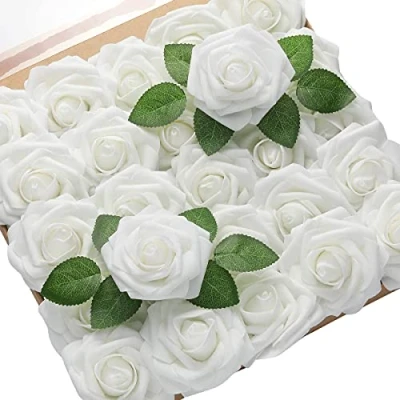 Immagine di PIQIUQIU 25 Rose Artificiali in gommapiuma, Fiori Artificiali, per Matrimonio, Bouquet da Sposa, Decorazione la casa 8cm (Bianco)