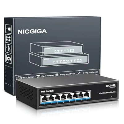 Immagine di switch PoE Gigabit a 8 porte non gestito, PoE+ 120 W, 802.3af/at, di rete NICGIGA Power Over Ethernet e 1000 Mps, senza ventola.