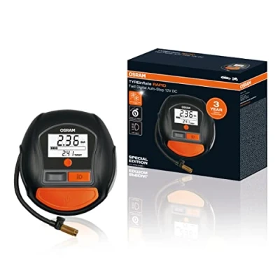 Immagine di OSRAM TYREinflate RAPID, compressore d&#039;aria digitale a 12 V, portatile, autostop, luce LED, programmabile, pompa elettrica per pneumatici, collegamento 12V, gonfiaggio in 2 min
