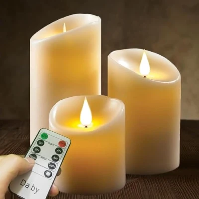 Immagine di candele LED di da by, set fiamma lampeggiante in 3 pezzi (10 cm, 12,8 15,2 cm), senza 300 ore con telecomando a 10 tasti.[Classe efficienza energetica A].