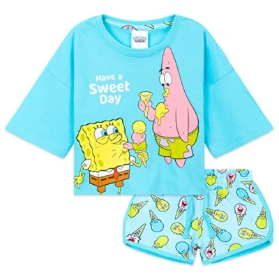 Immagine di Spongebob Squarepants Pigiama Bambina Bimba Estivo con Maniche Corte e Pantaloncini Cotone 100% Corto Gadget Ufficiale (Blu, 7 8 Anni)