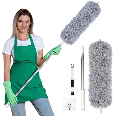Immagine di Vicloon Spolverino per Polvere Allungabile con Manico Lungo Fino a 245cm, 1 Manico+1 Piumini+1 Spazzola+1 Ganci Autoadesivi, Microfibra Lavabile Soffitto Ragnatela Ventilatore Tenda