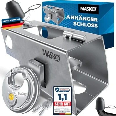 Immagine di MASKO® Serratura per Rimorchio Con Sistema a Cerniera Agganciato e Sganciato, Protezione Antifurto, incl. Disco, Chiave Cappuccio di Protezione, Argento