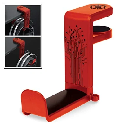 Immagine di ENHANCE Supporto per Cuffie Gaming da Tavolo con Braccio Rotante Regolabile 360, Morsetto Scrivania sul Design, Misura Universale e Organizer Clip Cavo Integrato Rosso