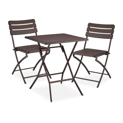Immagine di Relaxdays Tavolo da Esterno e Sedie, Set 3 Mobili Pieghevoli Salvaspazio Balcone, Design Aspetto Legno, Marrone