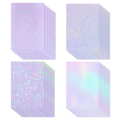 Immagine di 32 fogli di pellicola adesiva trasparente, 210 x 297 mm, olografica e ologramma, iridescente per bricolage, finestre, A4, impermeabile, autoadesiva (4 motivi)