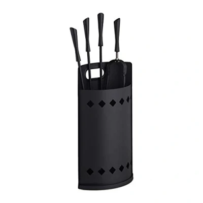 Immagine di Relaxdays Accessori da Camino, Moderni, 5 Parti con Attizzatoio, Paletta Pinza, Scopino e Secchio Porta Attrezzi, Nero, 90% Acciaio 10% Poliestere