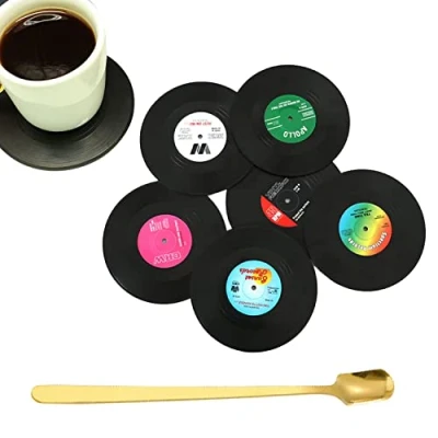 Immagine di 6 sottobicchieri in silicone antiscivolo con 1 cucchiaino da caffè, timbri CD vinile retrò, tamponi di isolamento termico, protezioni per ufficio, rotondi bevande
