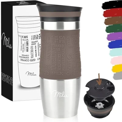 Immagine di Milu Tazza Termica da viaggio per caffè 370ml 450ml 100% a Prova di perdite Isolata e tè portare via bere in acciaio inossidabile (Marrone, 370ml)