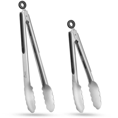 Immagine di HOTEC Pinze da Cucina in Acciaio INOX,Pinze Barbecue,Pinza Spaghetti Antiscivolo Manico Silicone,Sistema di Bloccaggio Intelligente,Set 2