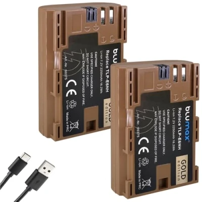 Immagine di Batteria Blumax 2X Gold compatibile con Canon LP E6NH (2250mAh) presa di ricarica USB Type C sensore NTC e custodia V1 EOS R RA R6 MarkII R5 R5c R7