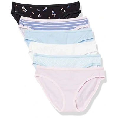 Immagine di Amazon Essentials Slip Bikini in Cotone (Disponibile Taglie Forti) Donna, Pacco da 6, Bianco/Blu/Motivo Floreale Piccolo/Nero Floreale/Righe/Rosa Chiaro, 42