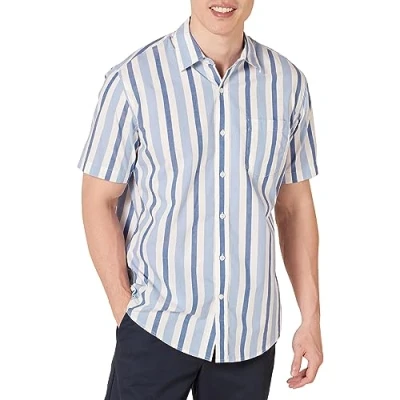 Immagine di Amazon Essentials Camicia in Popeline a Maniche Corte Regular Fit Uomo, Blu Bianco Righe, XL