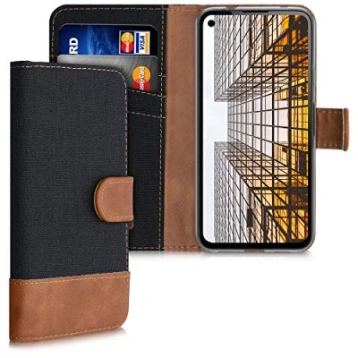 Immagine di kwmobile Custodia Compatibile con Google Pixel 4a Cover Portafoglio Case Chiusura Magnetica Portacarte Tessuto Similpelle nero/marrone