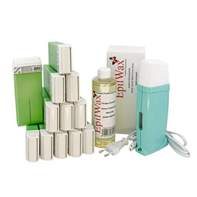 Immagine di EpilWax Royal Depilatory Kit completo di: Scaldacera professionale, 12 Roll On di cera da 100 ml Aloè Vera strisce depilatorie, 1 flacone olio dopocera 250 (Royal Series 12)