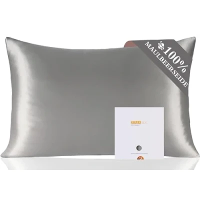 Immagine di ZIMASILK Federa per cuscino, 100% seta, delicata sui capelli e sulla pelle, double face, 19 momme, in pura seta di gelso, con cerniera, 1 pezzo (40 x 60 cm, grigio argento)