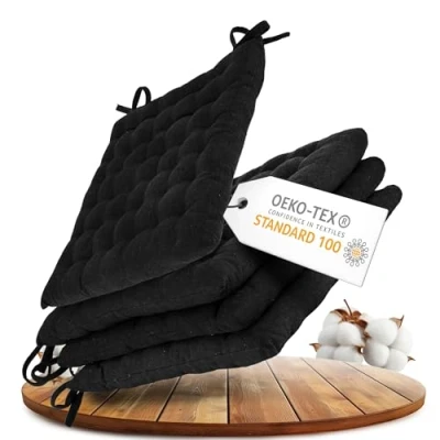 Immagine di Gräfenstayn® Set di 4 Cuscini per Sedia 40x40x5cm da Interni ed Esterno in 100% Cotone Colori Diversi Imbottitura Spessa Cuscino Trapuntato/Cuscino Pavimento (Nero)