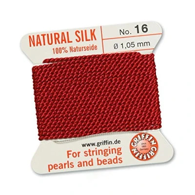 Immagine di GRIFFIN Cordino/corda/filo, 100% in seta naturale, per infilatura di perle o perline, colore rosso granato, 2 metri, con ago incluso, 13 dimensioni, Red, 1.05mm